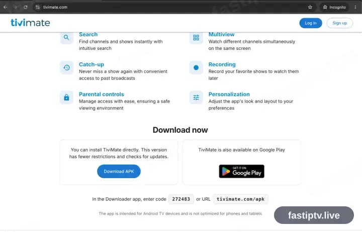 The TiviMate site scrolled to its Google Play and Install APK controls