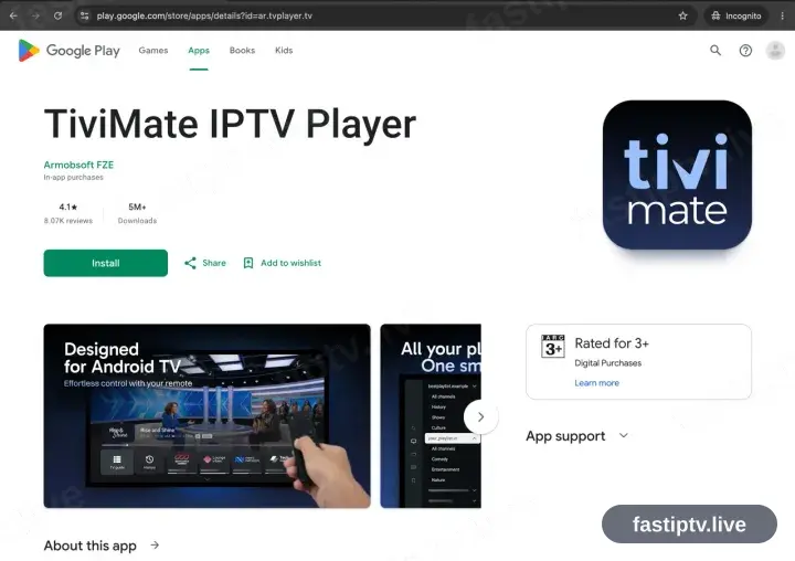 L’entrée TiviMate sur Google Play, Installer disponible