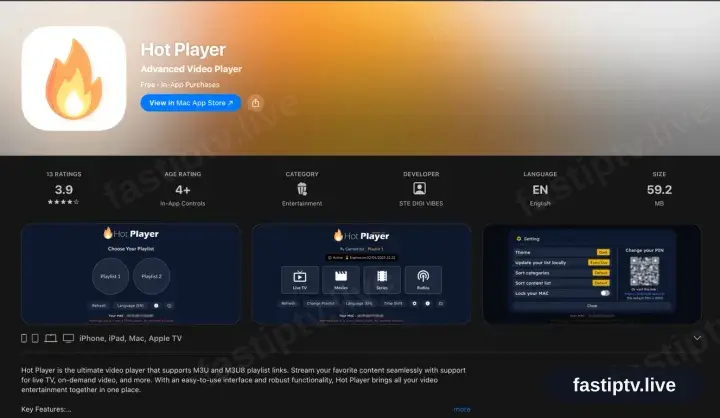 The Hot Player App Store entry listing iPhone, iPad, Mac and Apple TV support