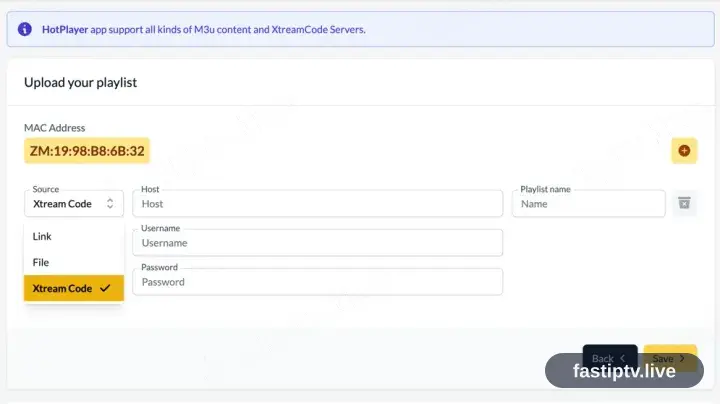 Das Upload-Formular von hotplayer.app mit Quelle Xtream Codes sowie den Feldern Server, Benutzername und Passwort