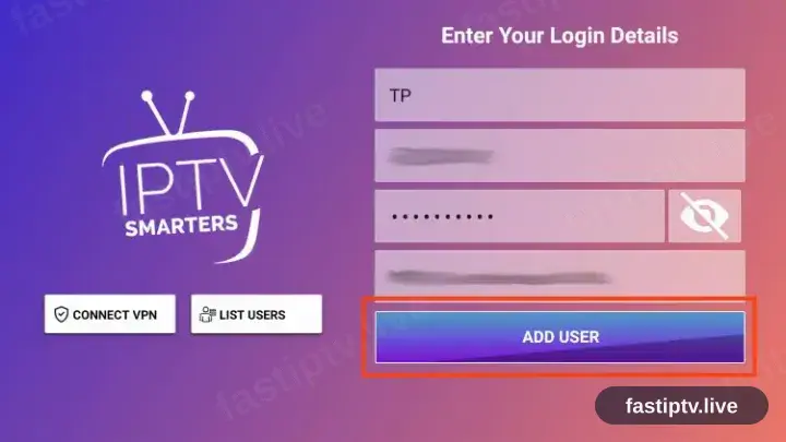 The IPTV Smarters Pro Xtream Codes form, server URL, username and password fields