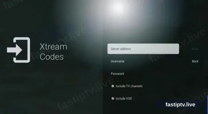 The TiviMate Xtream Codes form with server, username and password fields