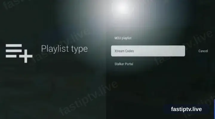 The TiviMate playlist type screen with Xtream Codes chosen
