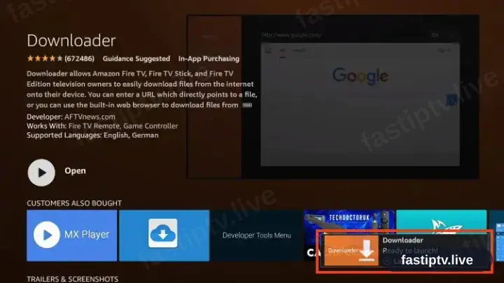 Die Downloader-Seite zeigt Öffnen als Zeichen der fertigen Installation