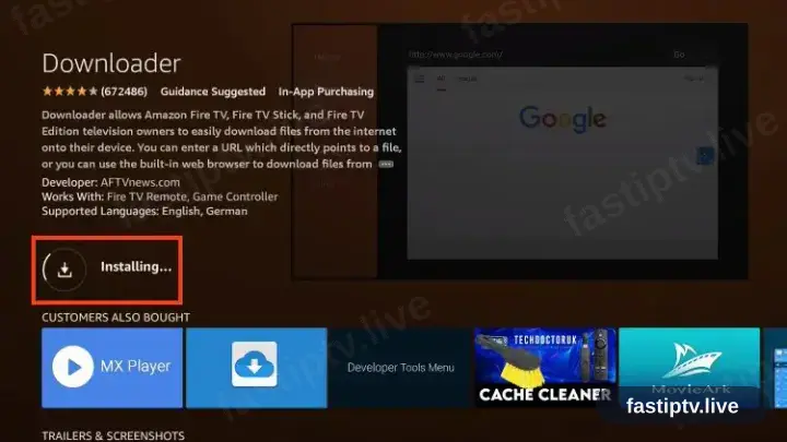 Downloader wird auf dem Firestick installiert, Fortschrittskreis sichtbar