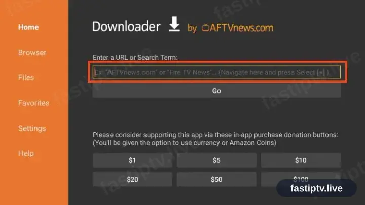 Downloader mit angewähltem URL-Feld im Reiter Home