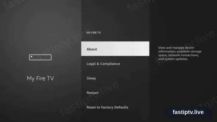 Das Menü Mein Fire TV mit hervorgehobenem Eintrag Info