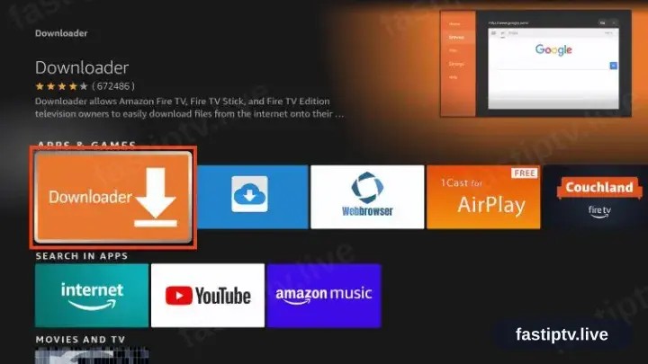 Die orange Downloader-Kachel aus den Fire-TV-Treffern ausgewählt