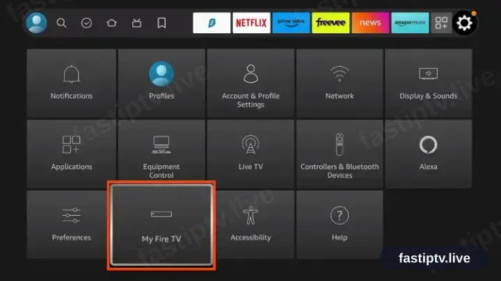 Das Fire-TV-Einstellungsmenü mit hervorgehobenem Mein Fire TV