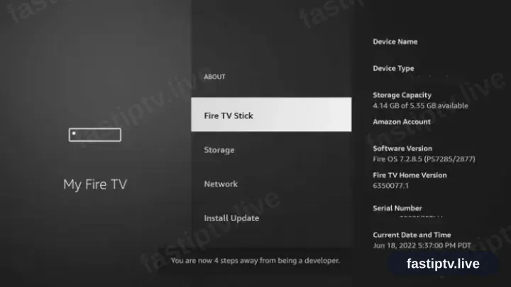 Der Entwicklerhinweis auf dem Info-Bildschirm des Fire TV