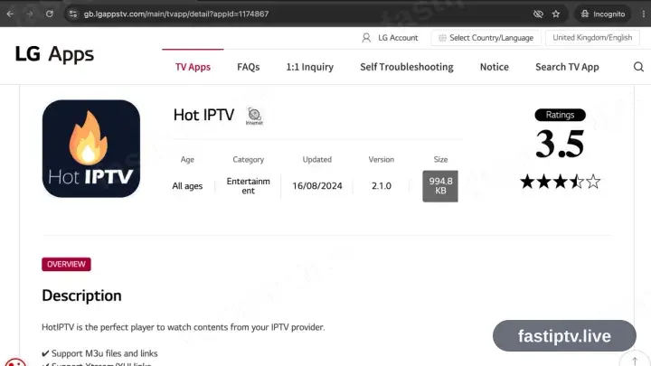 HotPlayer sur sa fiche du LG Content Store