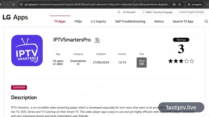 IPTV Smarters Pro en su entrada de la LG Content Store