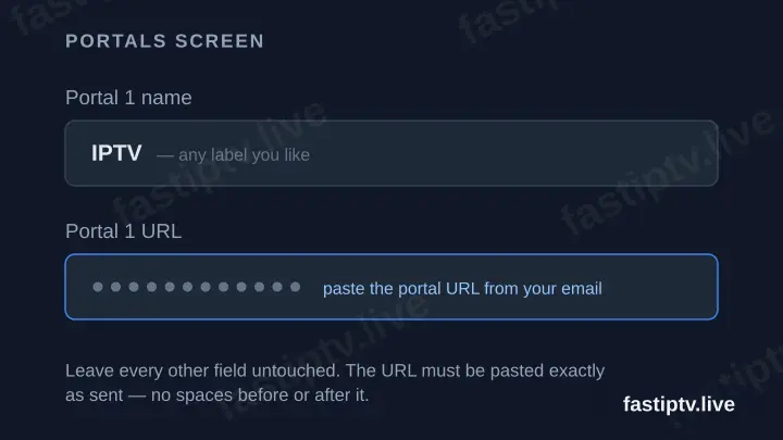 Diagram of the Portals screen showing the Portal 1 name field and the masked Portal 1 URL field.
