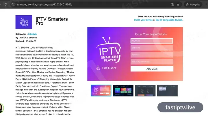 IPTV Smarters Pro en su entrada de la tienda Samsung Apps