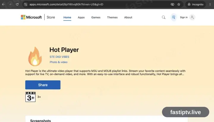 The Hot Player listing in the Microsoft Store